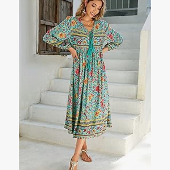 Aqua Summer Long Sleeve Midi Dress with Tie Top Detail size xxl - Picture 2 of 5